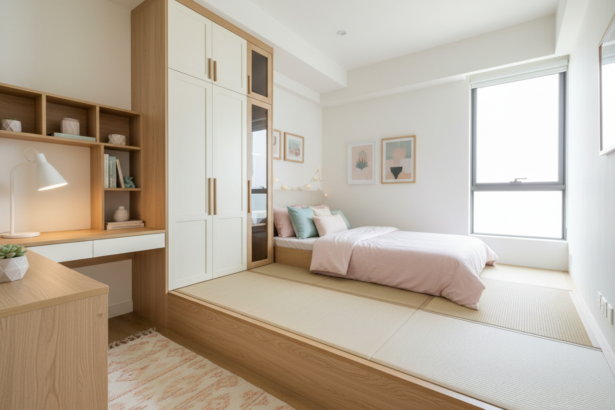 Girls’ bedroom with tatami platform, writing desk, and wardrobe